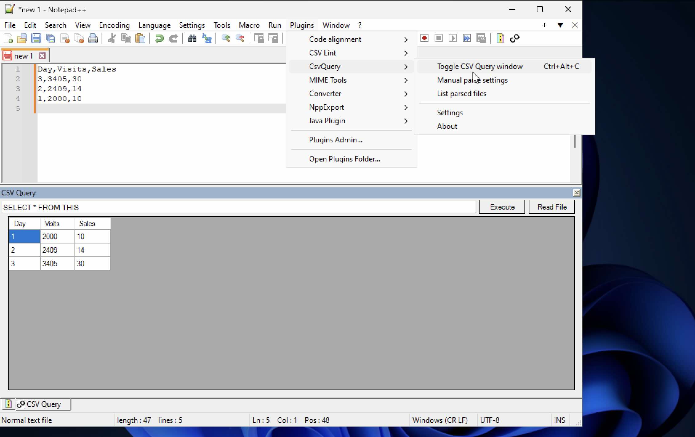 Executing SQL Queries in Notepad++ using CSVQuery Code2care